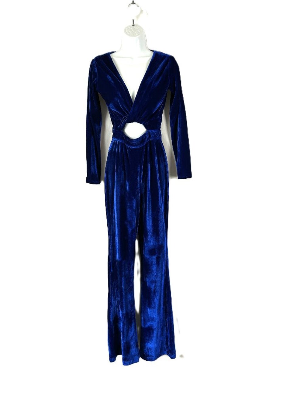 Cleopatra Style Velvet Jumpsuit S Blue Long Sleeve Flare